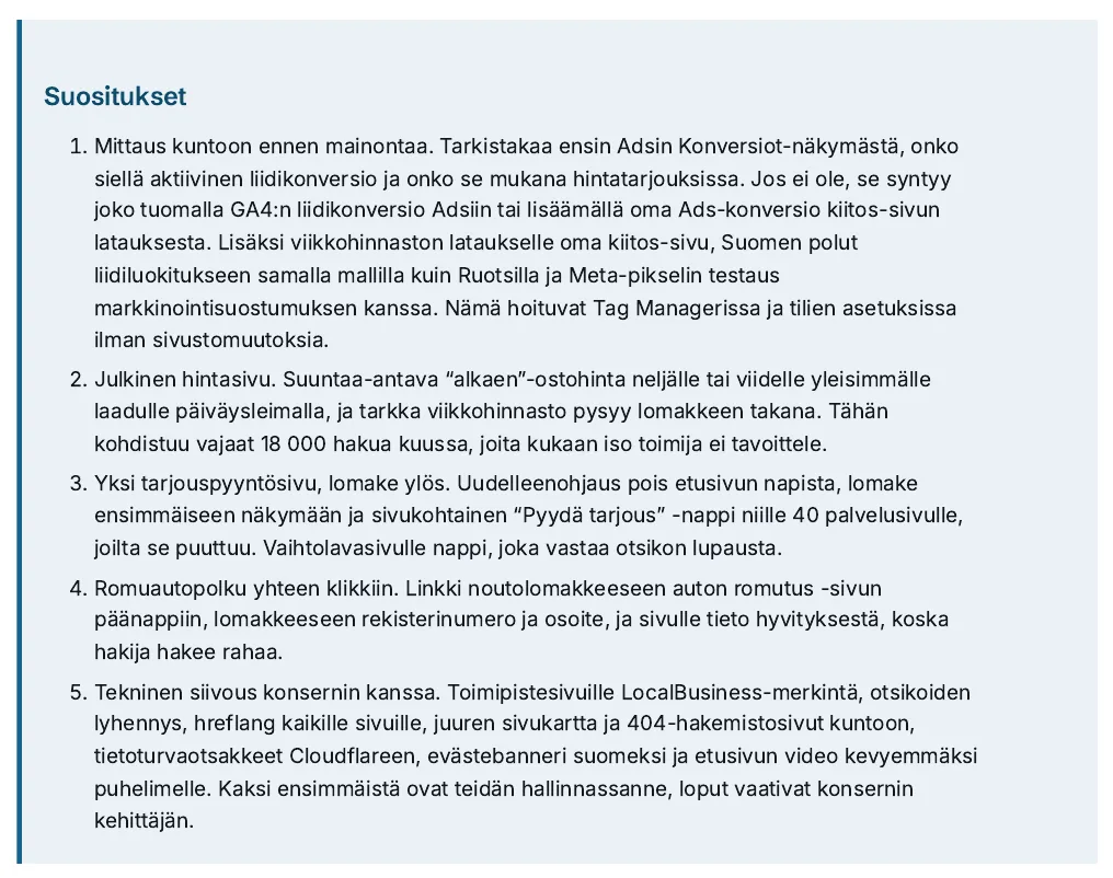 Ote: luvun suositukset (tunnistetiedot peitetty)